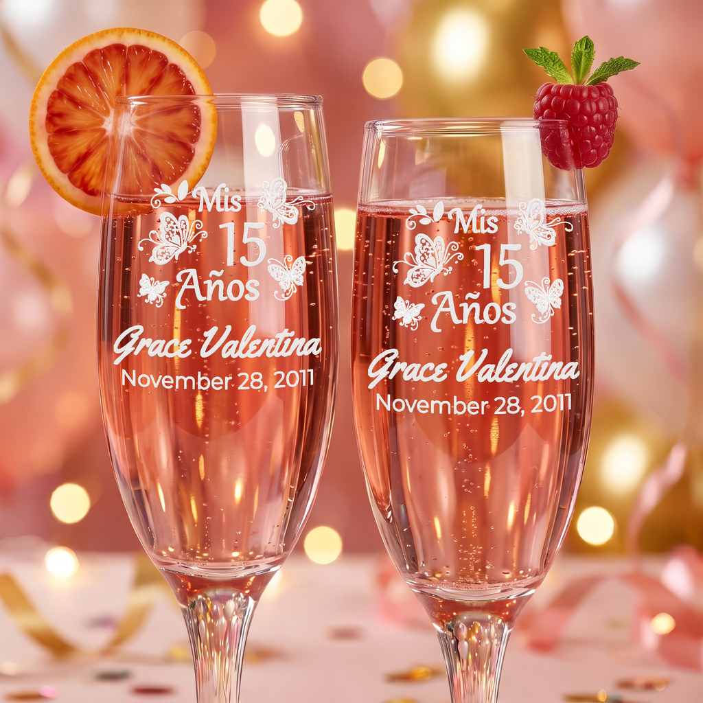 Personalized Quinceanera Toasting Glasses | Butterfly Design | Set of 2 Champagne Flutes