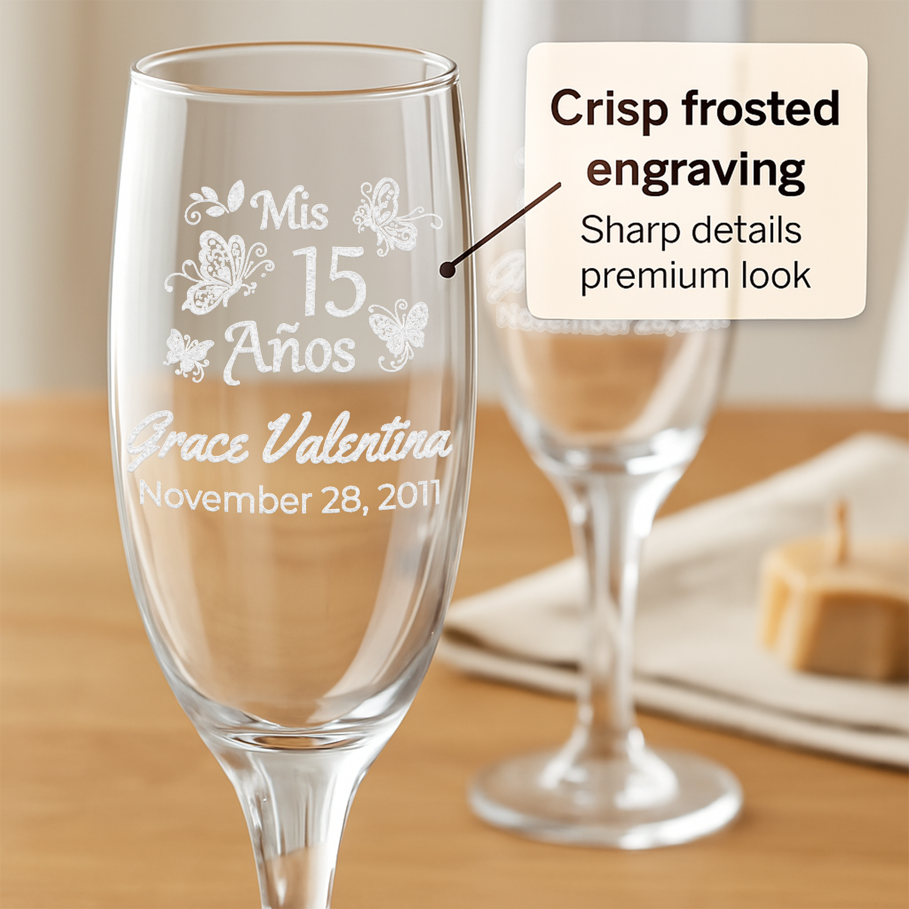 Personalized Quinceanera Toasting Glasses | Butterfly Design | Set of 2 Champagne Flutes
