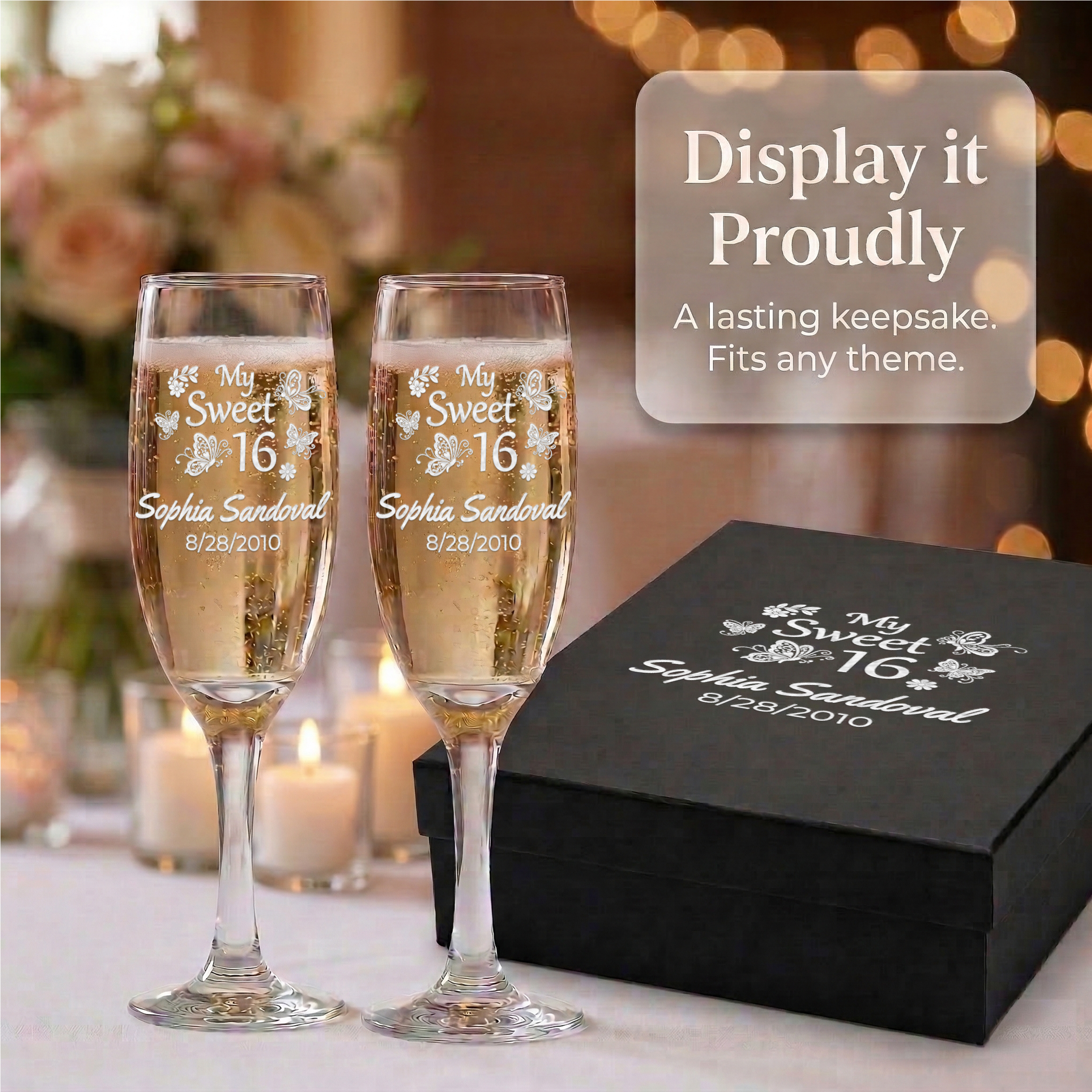 Personalized Sweet 16 Toasting Glasses | Butterfly Design | Set of 2 Champagne Flutes