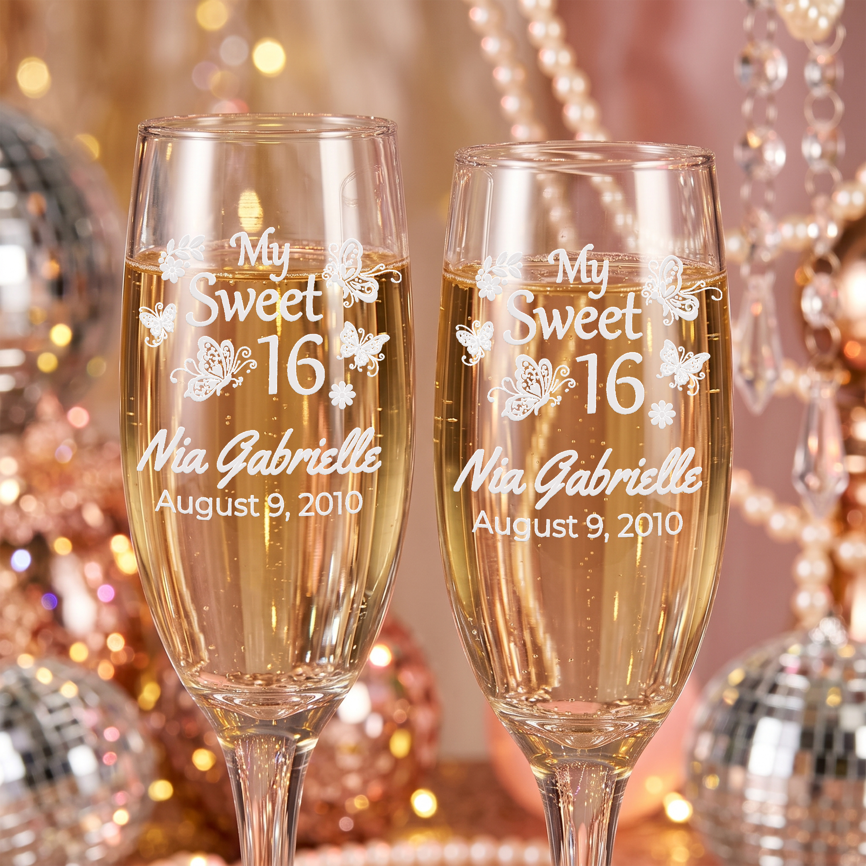 Personalized Sweet 16 Toasting Glasses | Butterfly Design | Set of 2 Champagne Flutes
