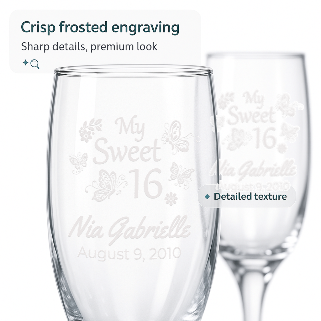 Personalized Sweet 16 Toasting Glasses | Butterfly Design | Set of 2 Champagne Flutes