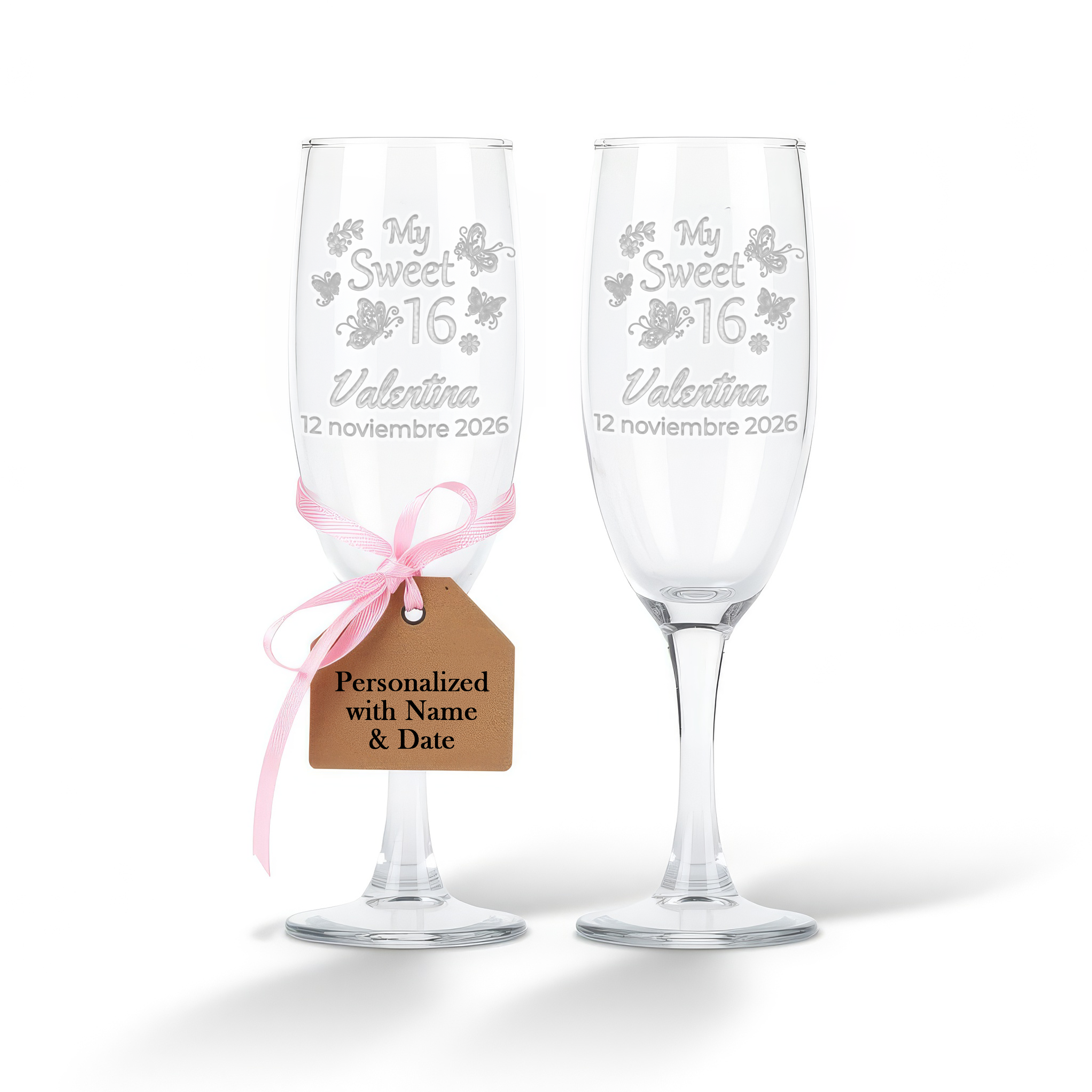 Personalized Sweet 16 Toasting Glasses | Butterfly Design | Set of 2 Champagne Flutes