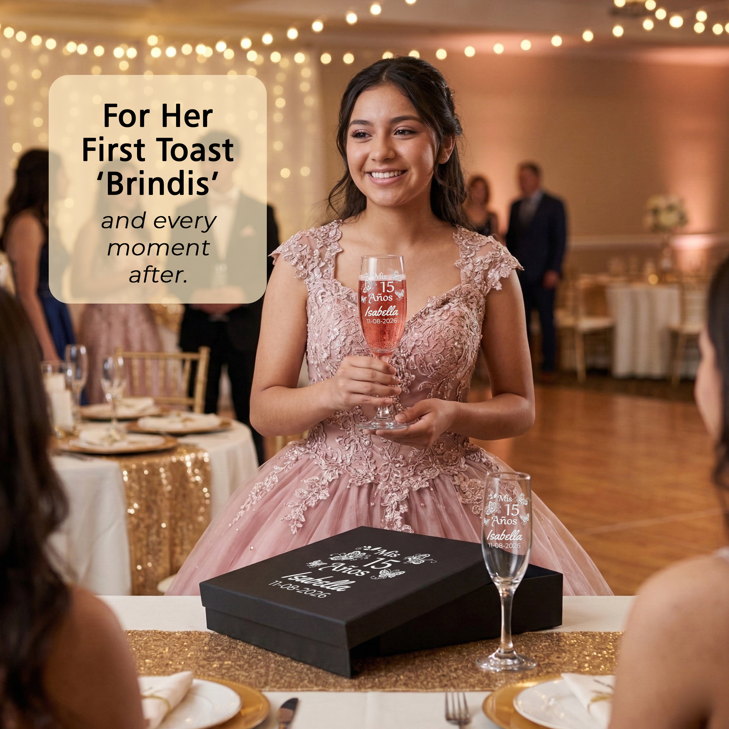 Personalized Quinceanera Toasting Glasses | Butterfly Design | Set of 2 Champagne Flutes