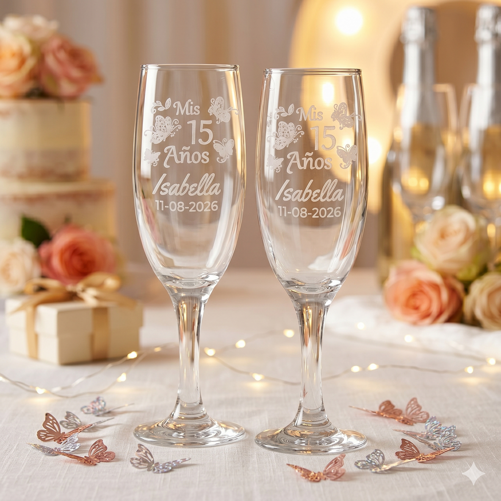 Personalized Quinceanera Toasting Glasses | Butterfly Design | Set of 2 Champagne Flutes