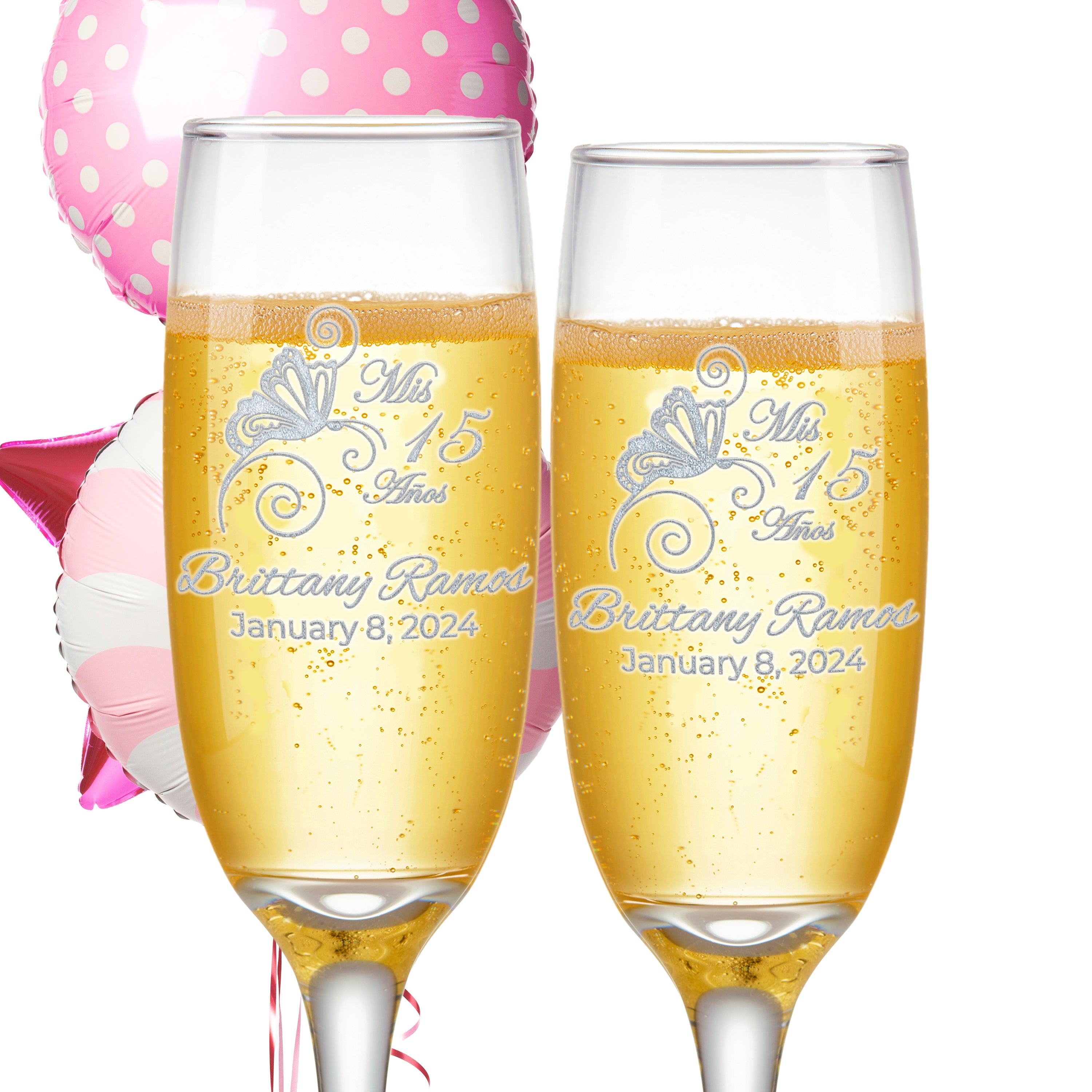 Custom Engraved Quinceanera Champagne Flutes | Butterfly Design | Set of 2