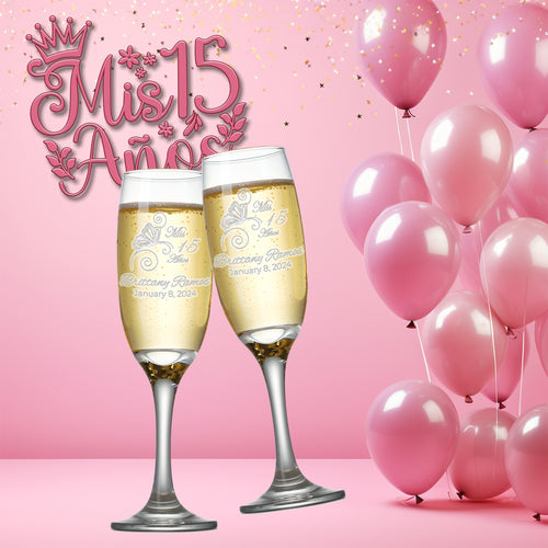 Custom Engraved Quinceanera Champagne Flutes | Butterfly Design | Set of 2