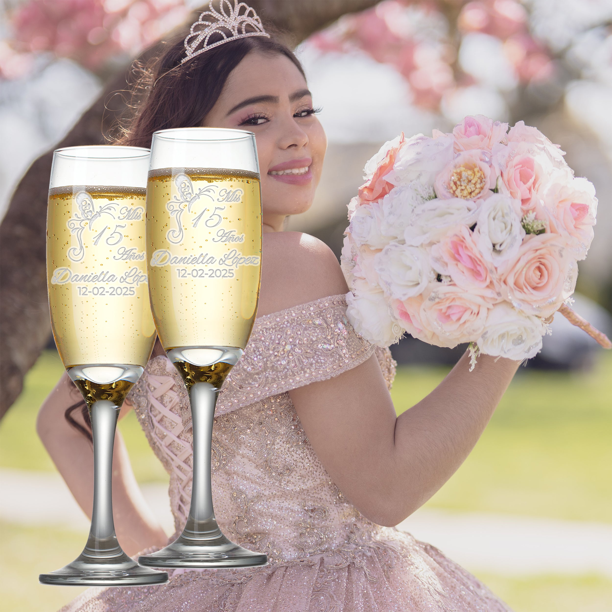 Custom Engraved Quinceanera Champagne Flutes | Butterfly Design | Set of 2