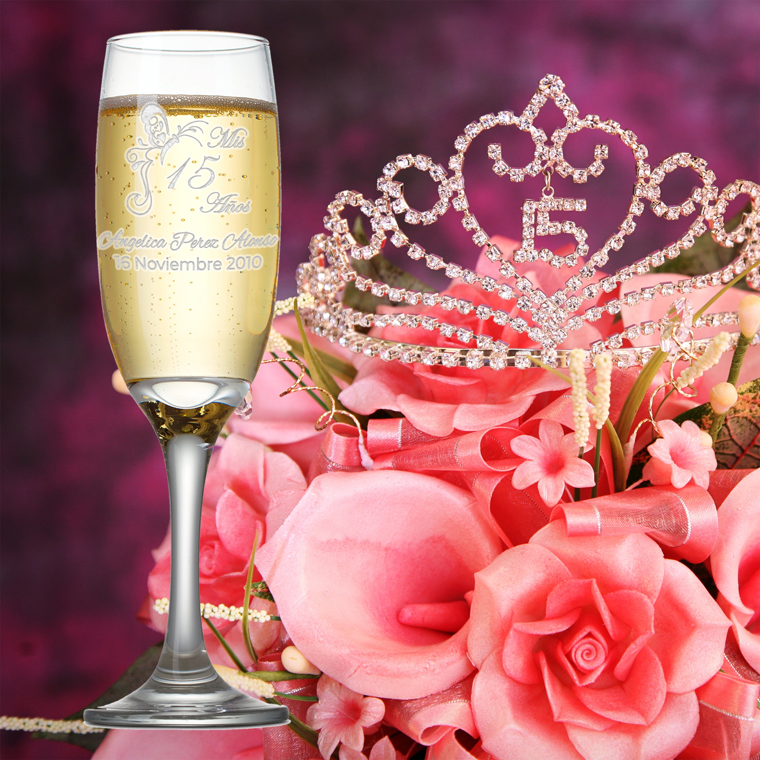 Custom Engraved Quinceanera Champagne Flutes | Butterfly Design | Set of 2