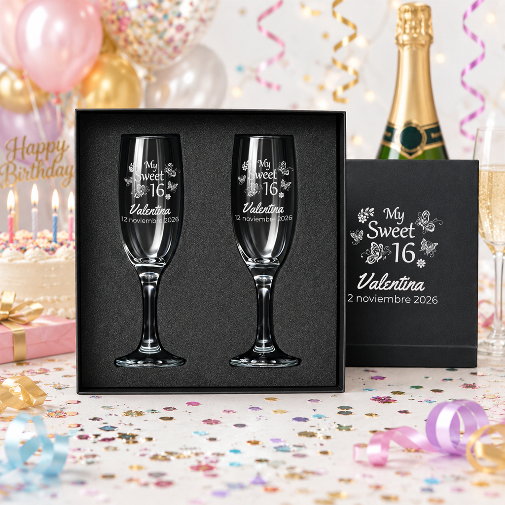 Personalized Sweet 16 Toasting Glasses | Butterfly Design | Set of 2 Champagne Flutes