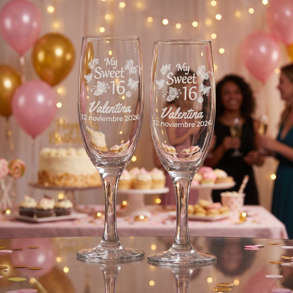 Personalized Sweet 16 Toasting Glasses | Butterfly Design | Set of 2 Champagne Flutes