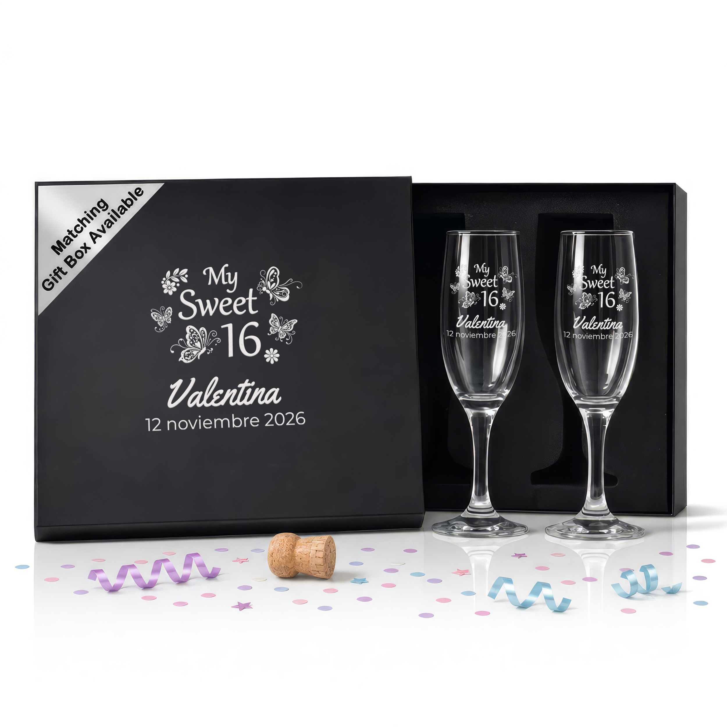 Personalized Sweet 16 Toasting Glasses | Butterfly Design | Set of 2 Champagne Flutes