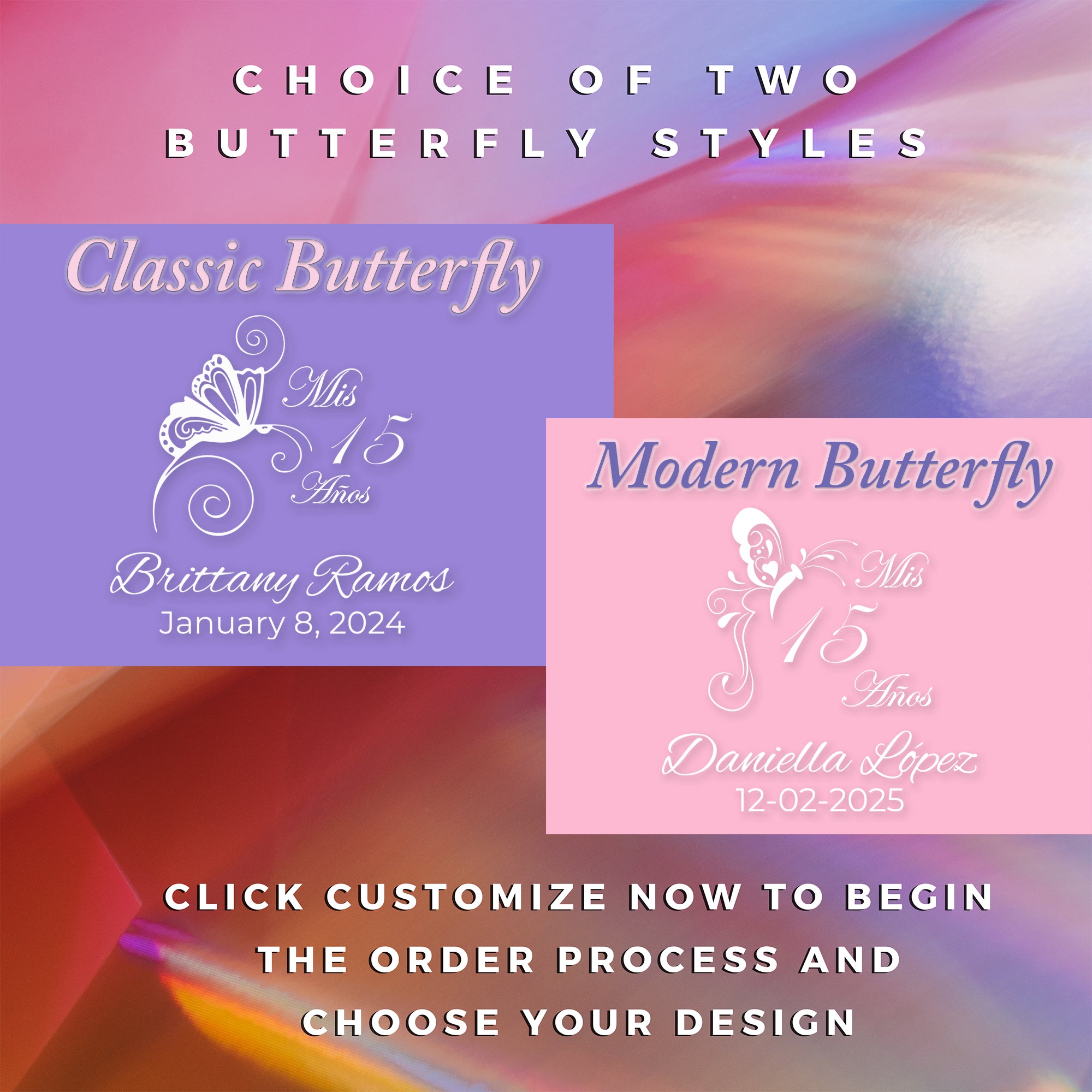 Custom Engraved Quinceanera Champagne Flutes | Butterfly Design | Set of 2
