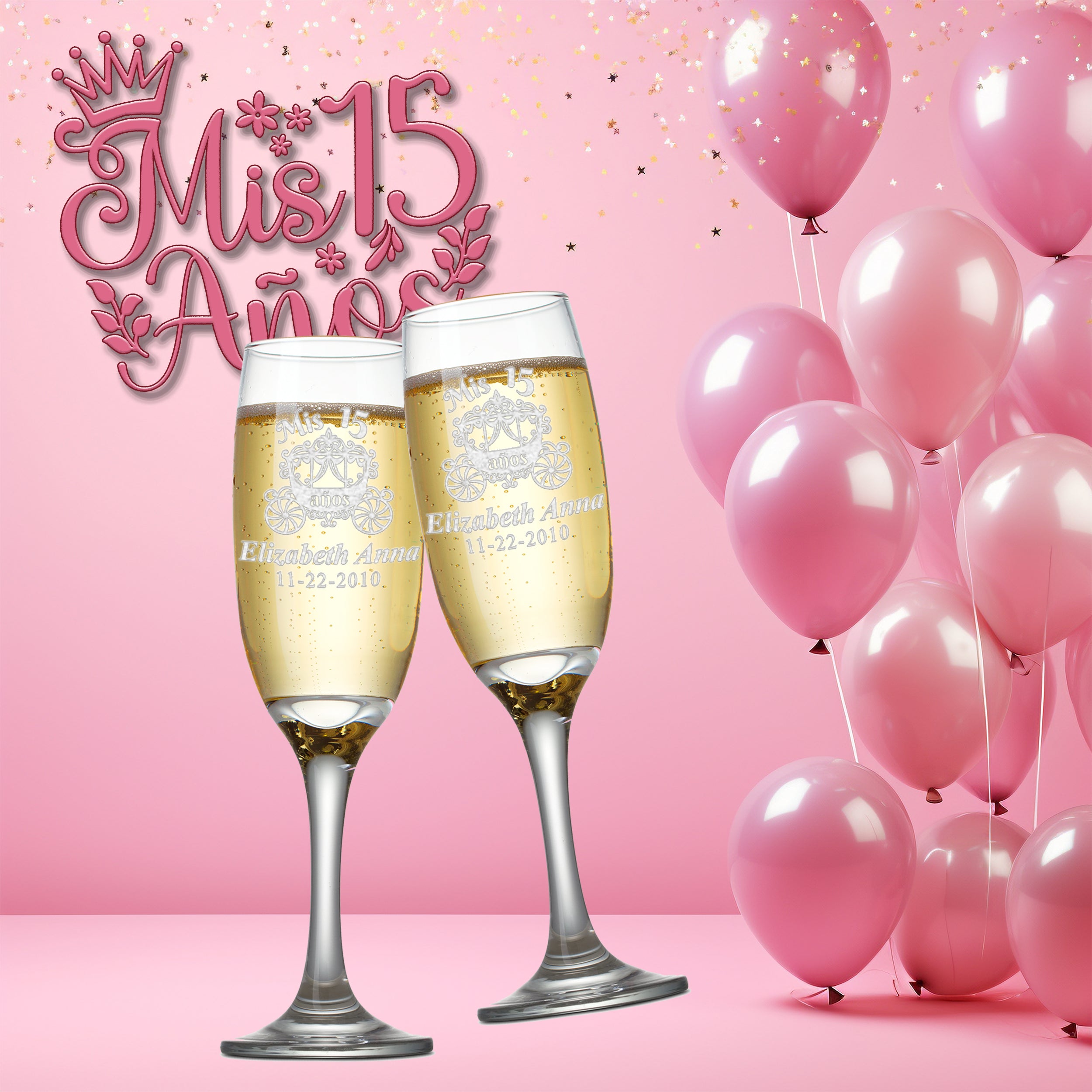 Custom Engraved Quinceanera Champagne Flutes | Princess Carriage Design | Set of 2