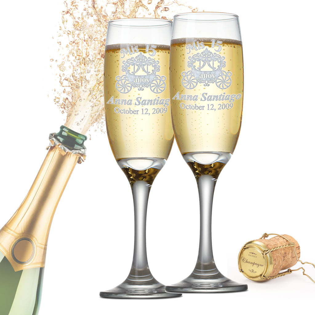 Custom Engraved Quinceanera Champagne Flutes | Princess Carriage Design | Set of 2