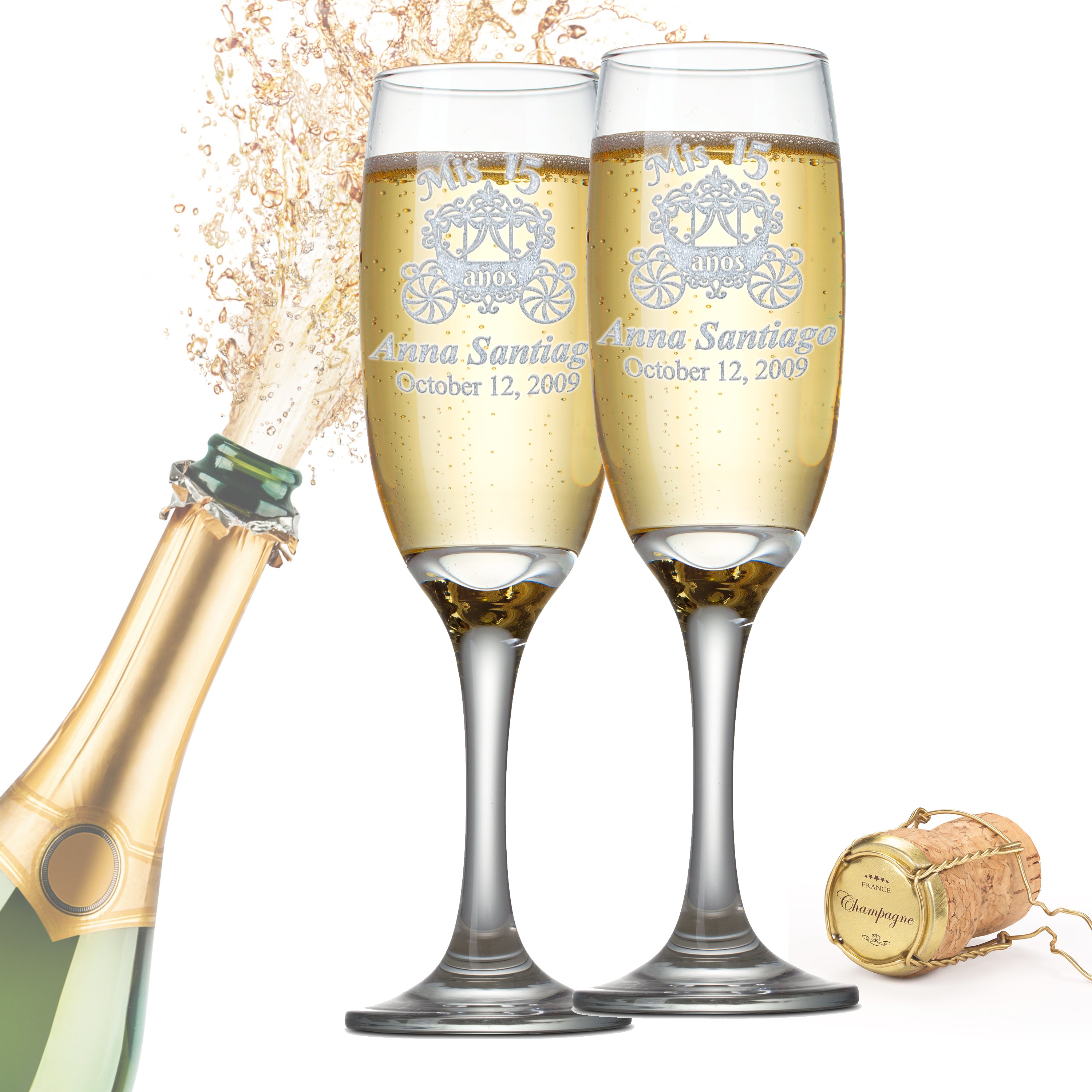 Custom Engraved Quinceanera Champagne Flutes | Princess Carriage Design | Set of 2