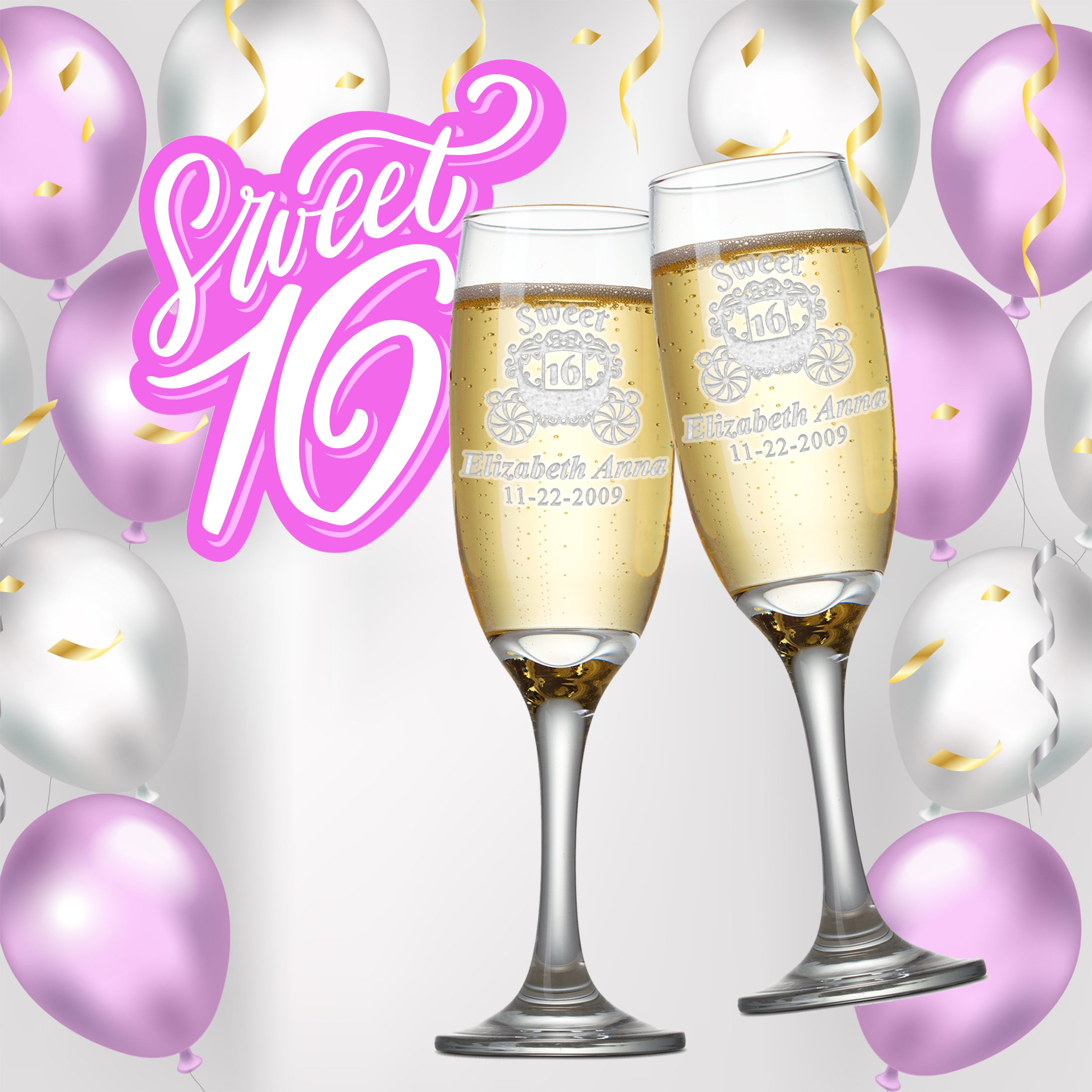 Custom Engraved Sweet 16 Champagne Flutes | Carriage Design | Set of 2