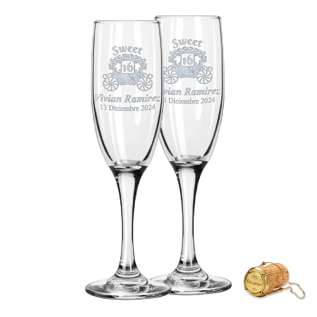Custom Engraved Sweet 16 Champagne Flutes | Carriage Design | Set of 2