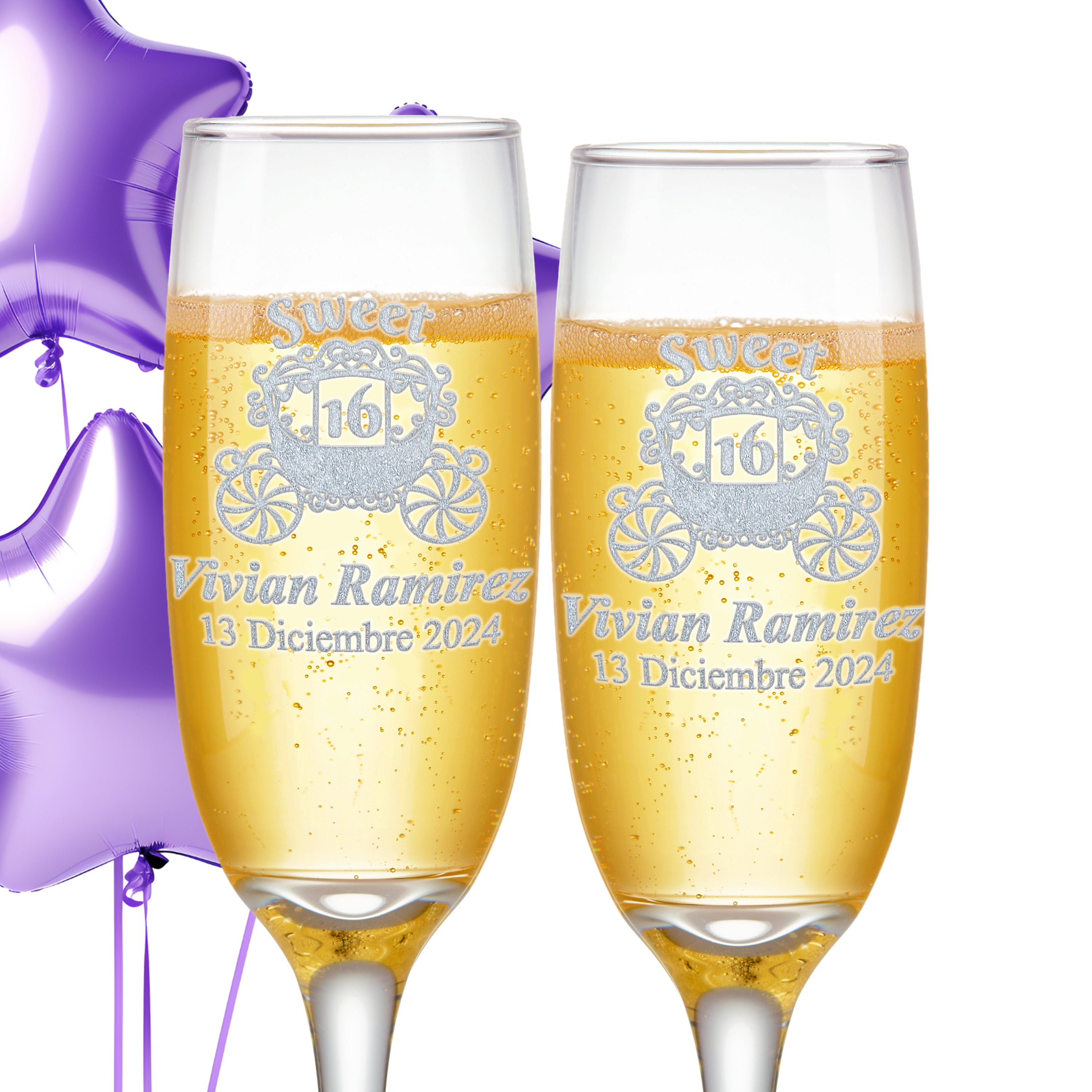 Custom Engraved Sweet 16 Champagne Flutes | Carriage Design | Set of 2