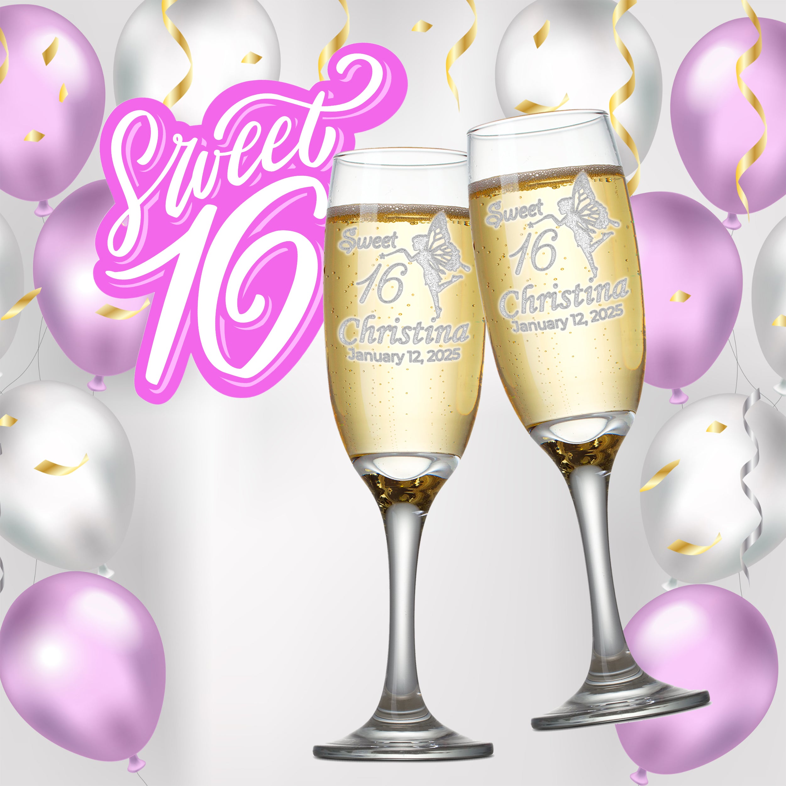 Custom Engraved Sweet 16 Champagne Flutes | Fairy Design | Choose Set of 2