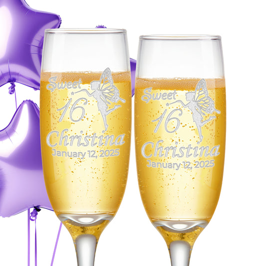Custom Engraved Sweet 16 Champagne Flutes | Fairy Design | Choose Set of 2