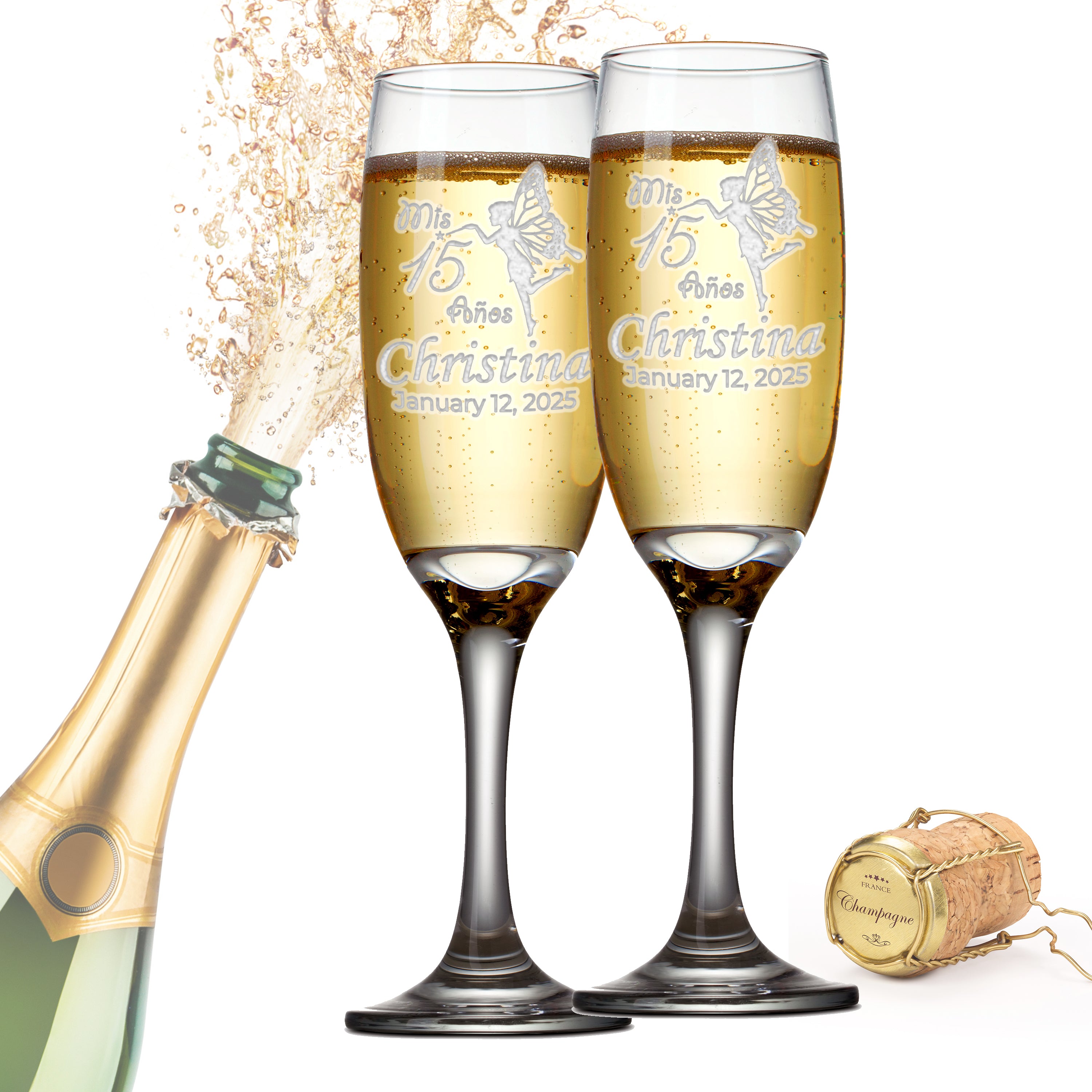 Custom Engraved Quinceanera Champagne Flutes | Fairy Design | Set of 2