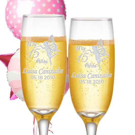 Custom Engraved Quinceanera Champagne Flutes | Fairy Design | Set of 2