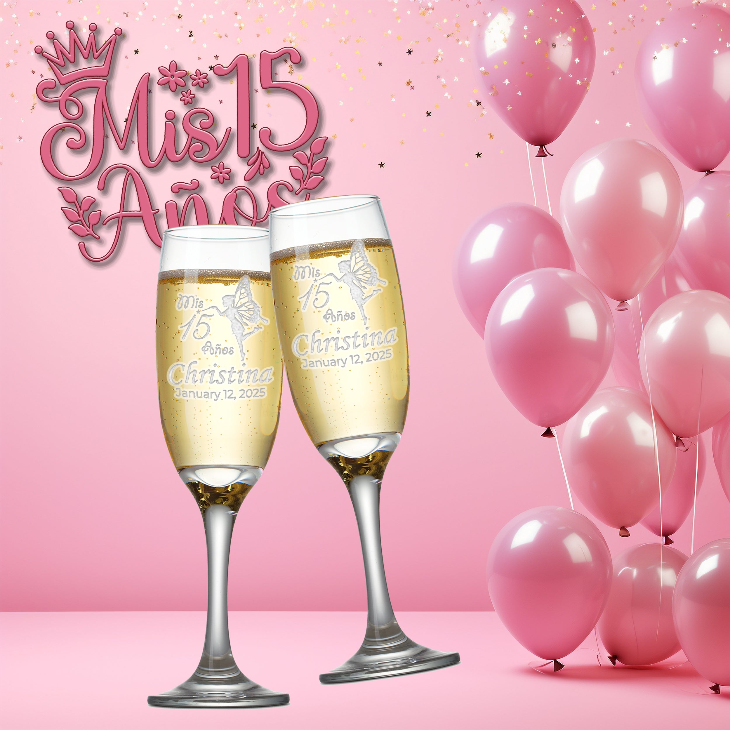 Custom Engraved Quinceanera Champagne Flutes | Fairy Design | Set of 2
