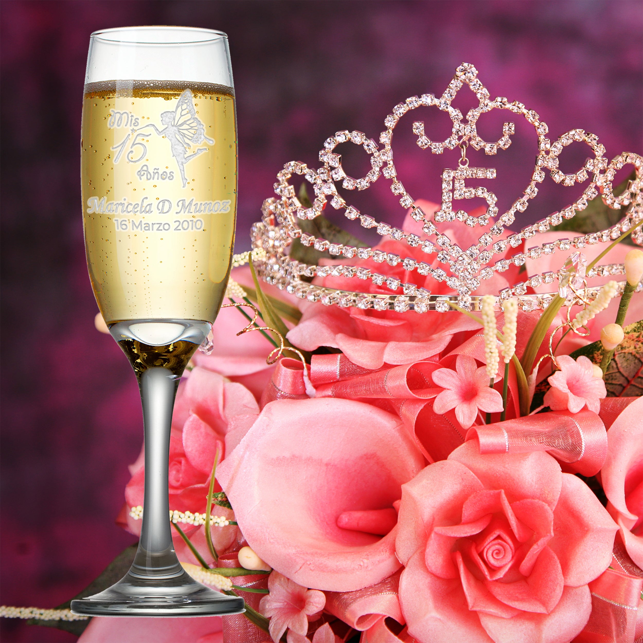 Custom Engraved Quinceanera Champagne Flutes | Fairy Design | Set of 2