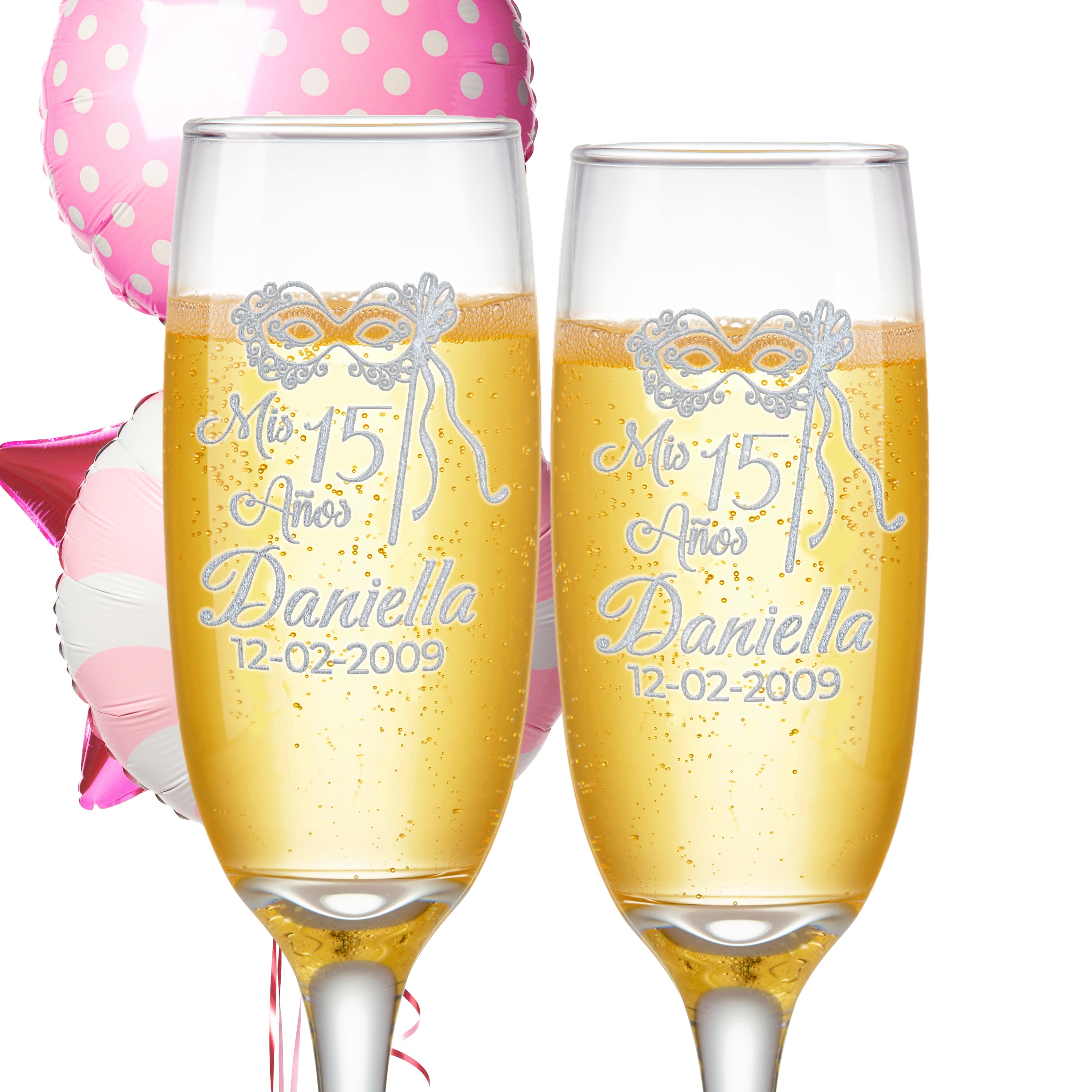 Etch Workz Custom Engraved Quinceanera Champagne Flutes, Mask Design | Set of 2
