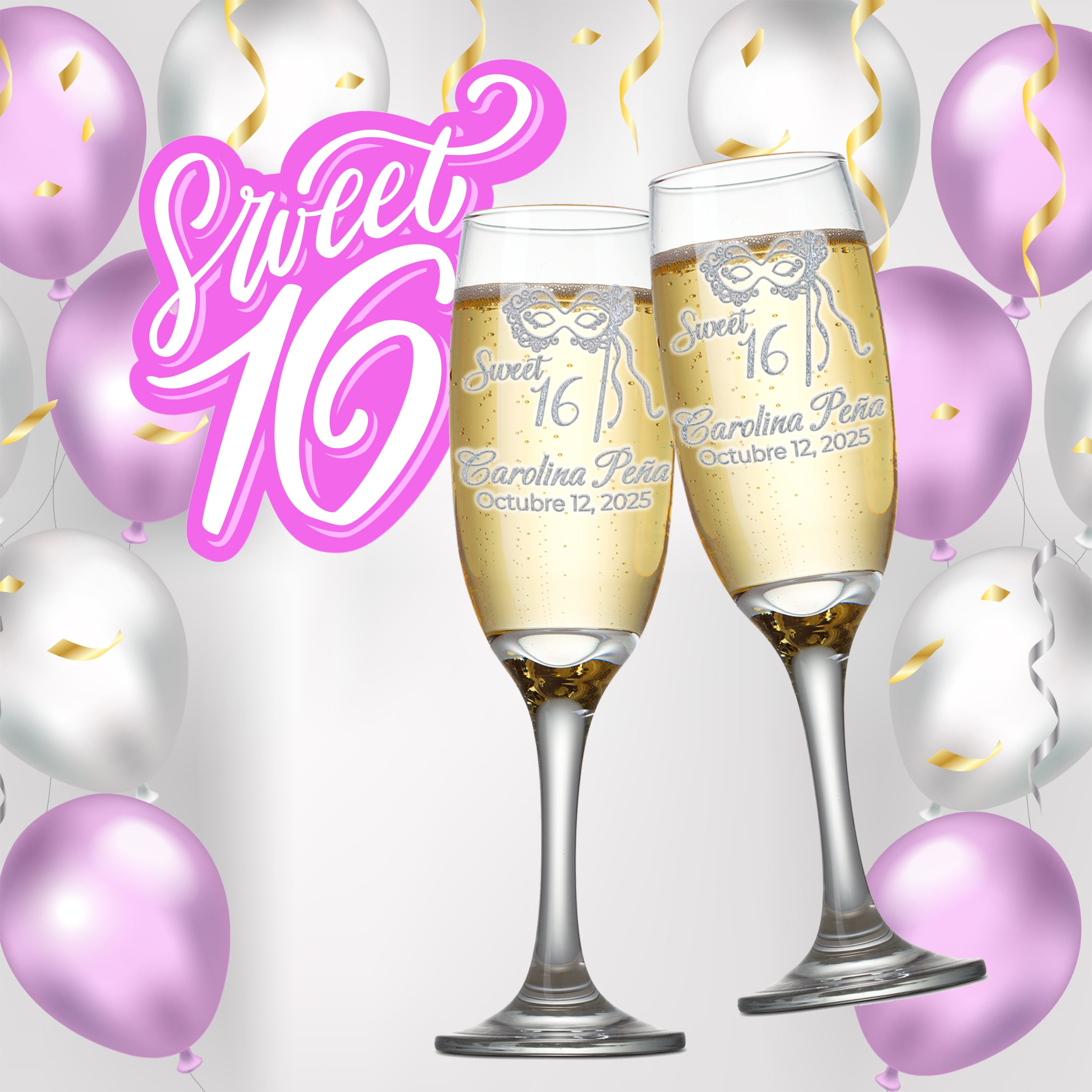 Etch Workz Custom Engraved Sweet 16 Champagne Flutes | Mask Design | Set of 2