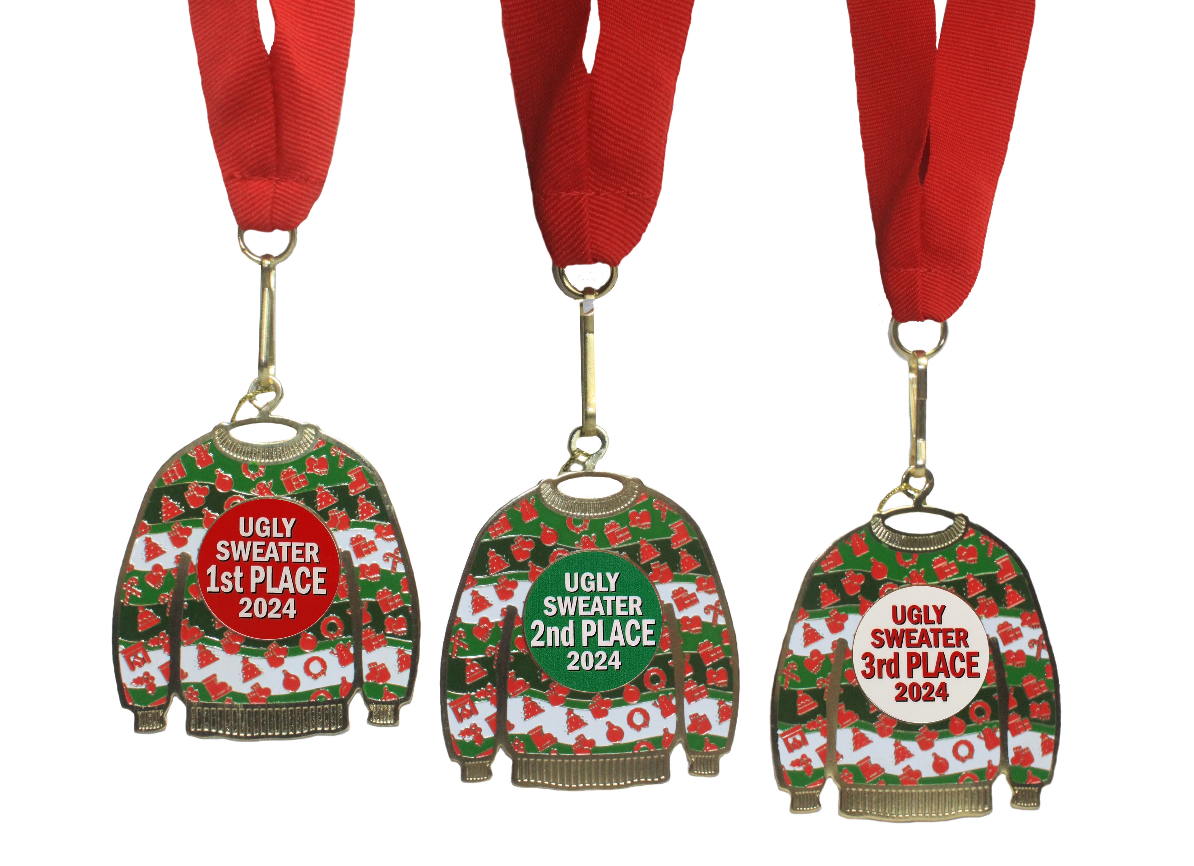 Ugly Sweater 1st Place Winner Prize Ornament Medal | Personalized with Year 2024 | Choice of Winner, 1st Place or 1st, 2nd, 3rd Place Bundle