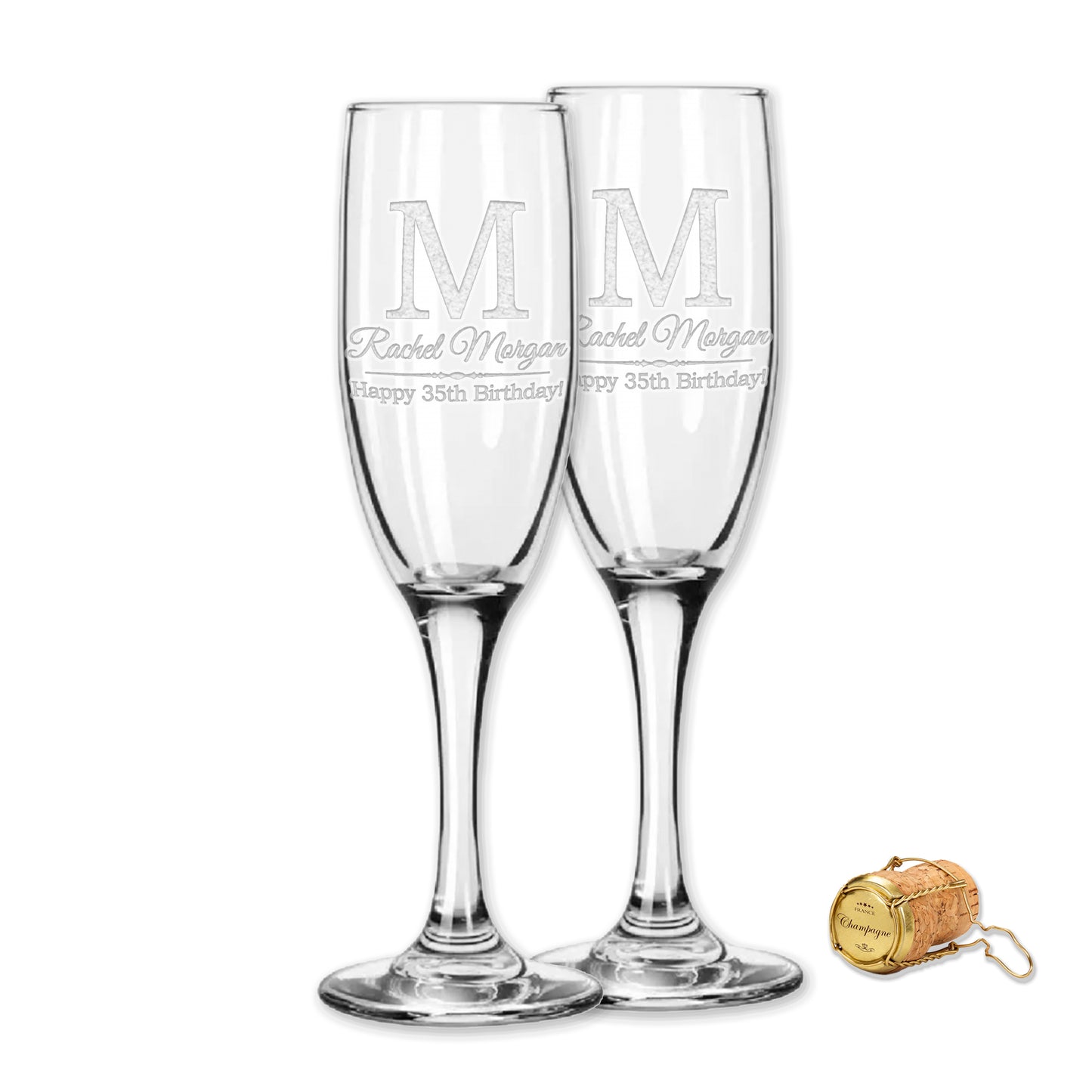 Etch Workz Custom Engraved Champagne Flutes | Block Monogram Design | Set of 2