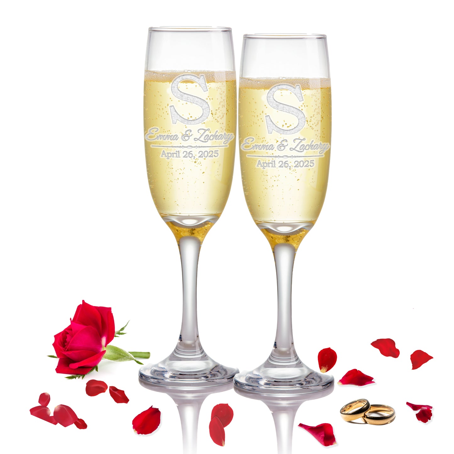 Etch Workz Custom Engraved Champagne Flutes | Block Monogram Design | Set of 2
