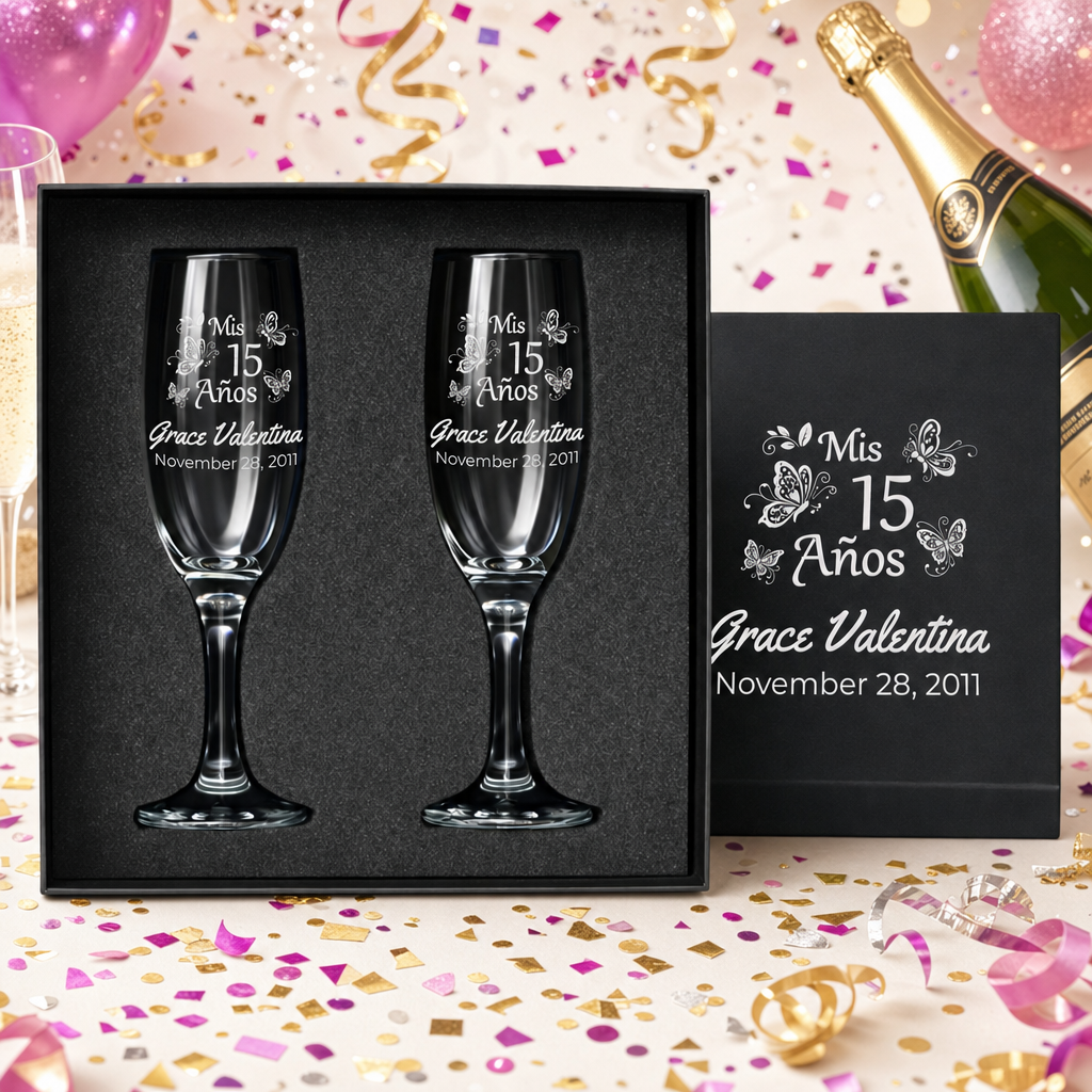 Personalized Quinceanera Toasting Glasses | Butterfly Design | Set of 2 Champagne Flutes