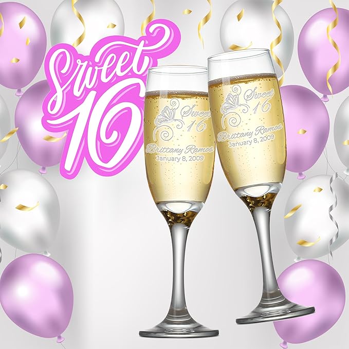 Etch Workz Engraved Sweet 16 Champagne Flutes | Butterfly Design - Set of 2