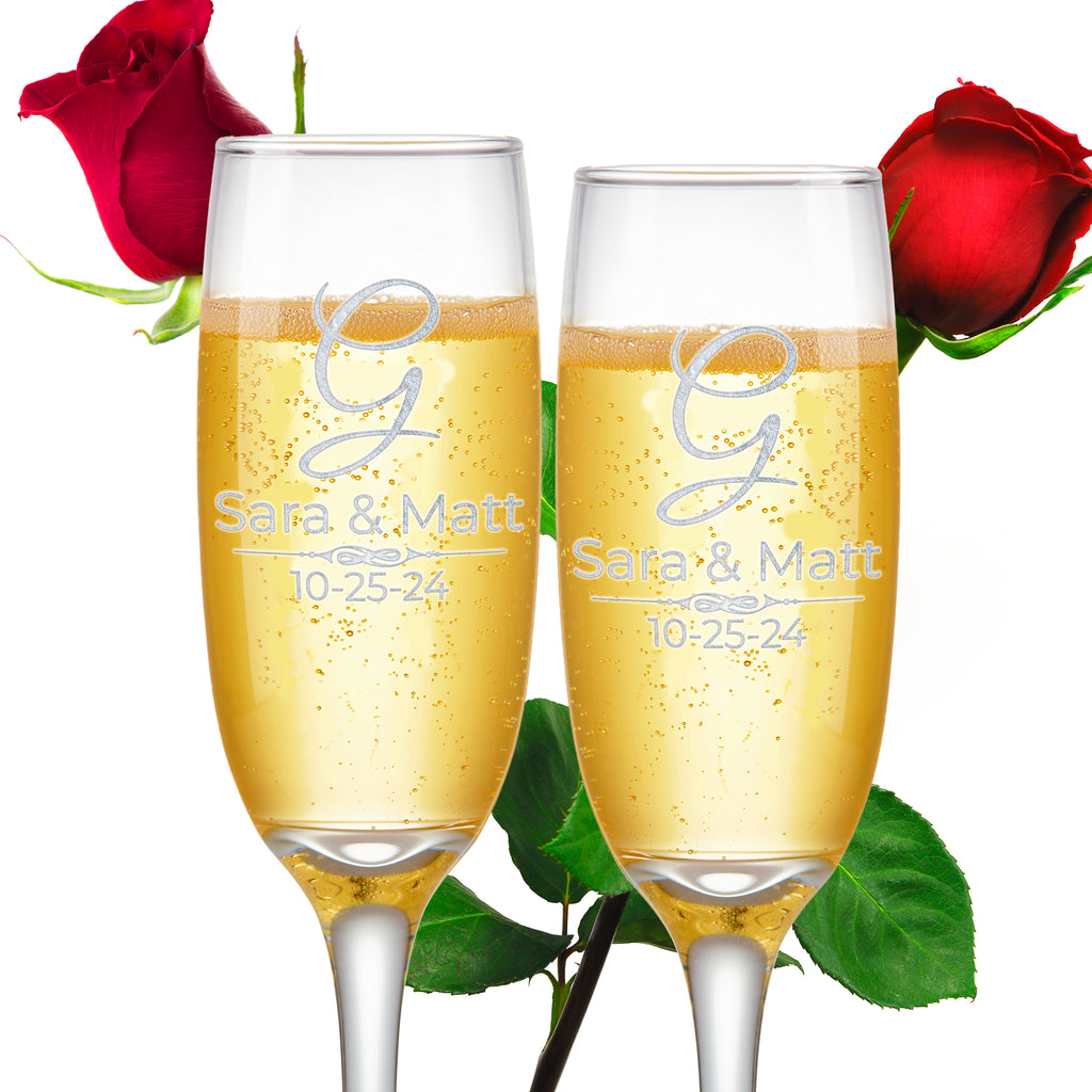 Etch Workz Custom Engraved Champagne Flutes | Monogram Design | Set of