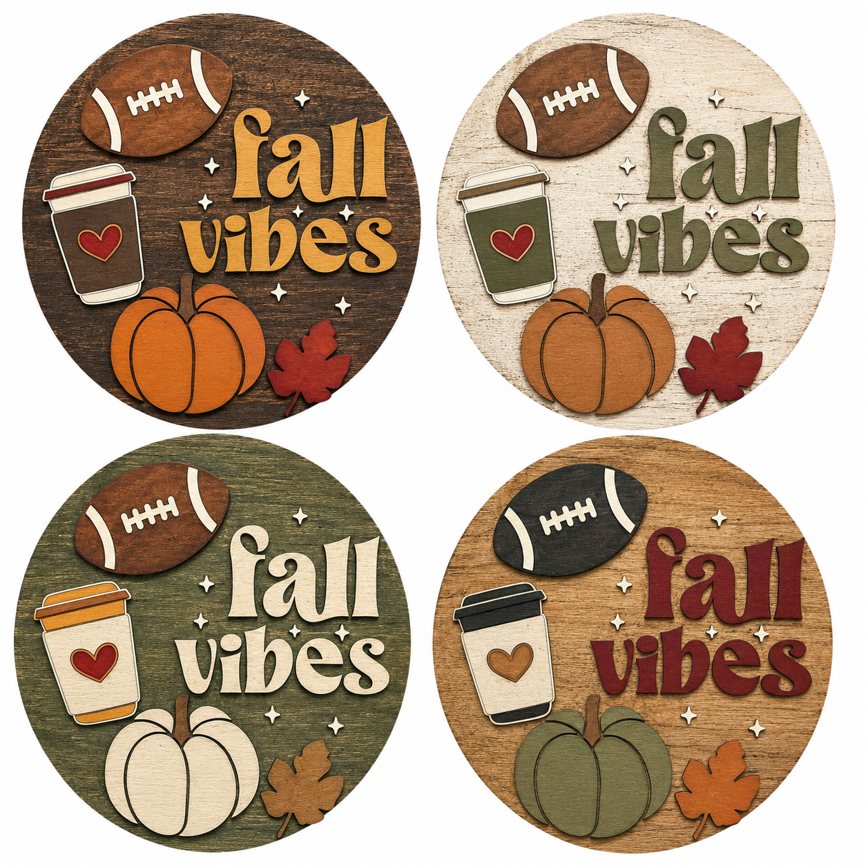 Four round autumn-themed decorative signs with the phrase 'fall vibes' in different colorways, each featuring a football, coffee cup, pumpkin, and leaves on wood-textured backgrounds.