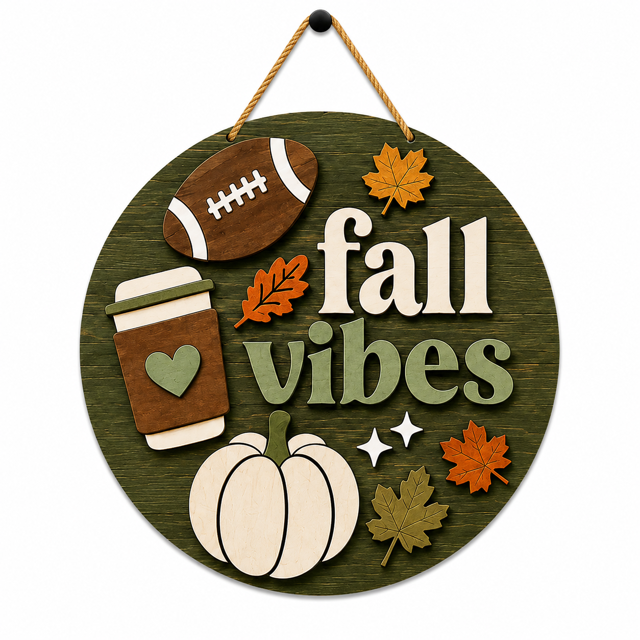 Round wooden hanging wall sign with a rope hanger, featuring layered autumn-themed cutouts including a football, coffee cup with a heart, pumpkins, maple leaves, stars, and the words “fall vibes” on a dark wood background. Available as a sign choice in DIY Sign Party in San Antonio Texas.