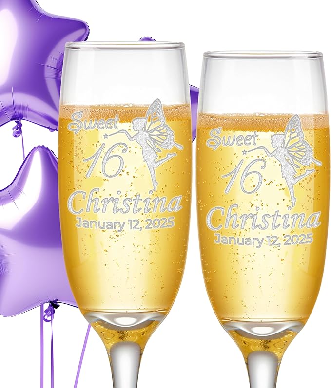 Custom Engraved Quinceanera Champagne Flutes | Fairy Design - Set of 2