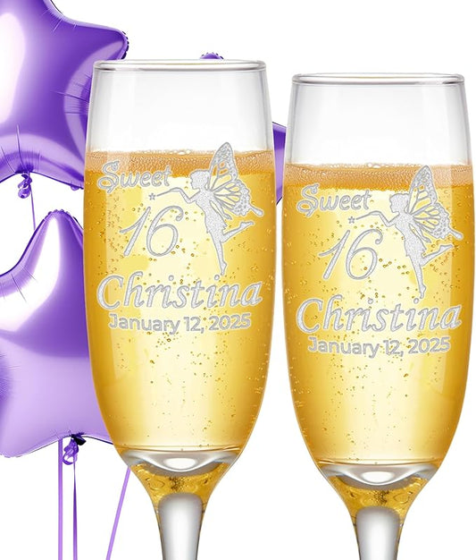 Custom Engraved Quinceanera Champagne Flutes | Fairy Design - Set of 2
