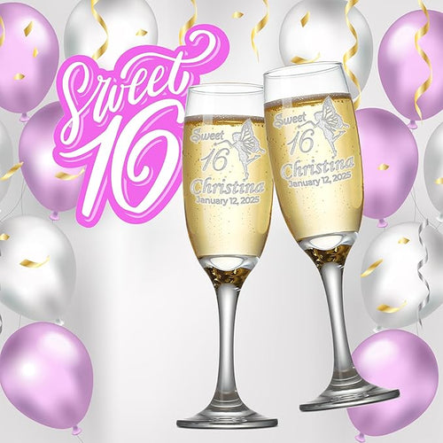 Custom Engraved Quinceanera Champagne Flutes | Fairy Design - Set of 2