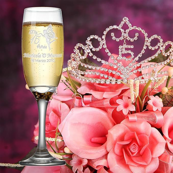 Etch Workz Custom Engraved Champagne Flutes Set of 2 - Sweet 16 Fairy Design - Personalized with Name and Date of Birth - Elegant Keepsake Toasting Glasses for Birthday Celebrations
