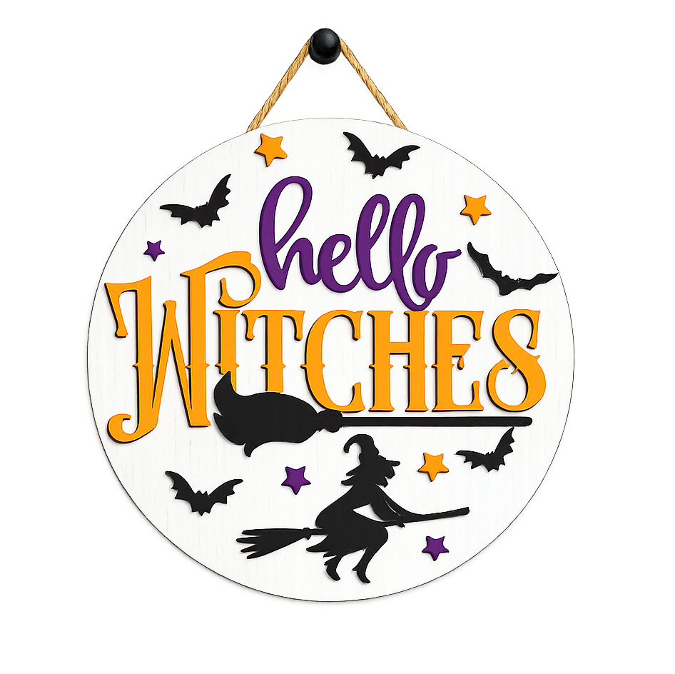 Round white hanging wall sign with Halloween text reading 'hello Witches' in purple and orange, plus black bats, a broomstick, witch silhouette, and small stars. Part of Halloween collection as DIY Sign Painting Party. Offered in San Antonio, Texas.