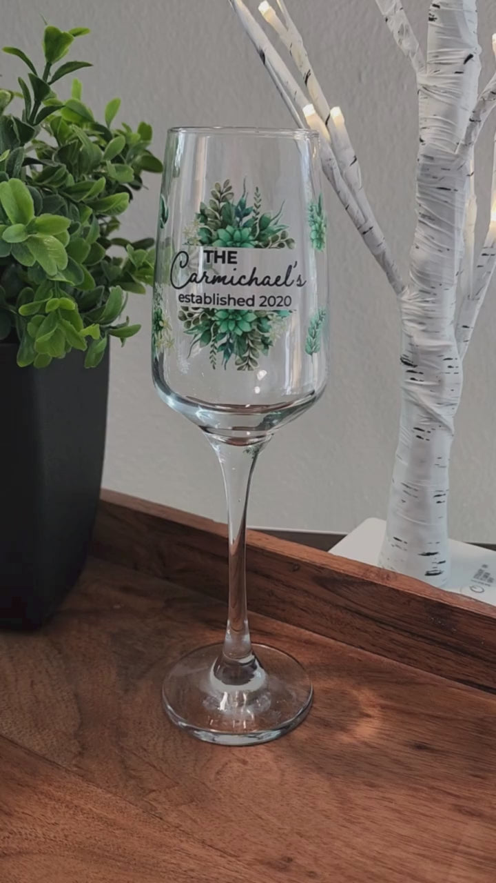Personalized Wedding Champagne Flutes – Full Color UV Printed | Beautiful Botanical Design | Customized with Names & Date – Set of 2