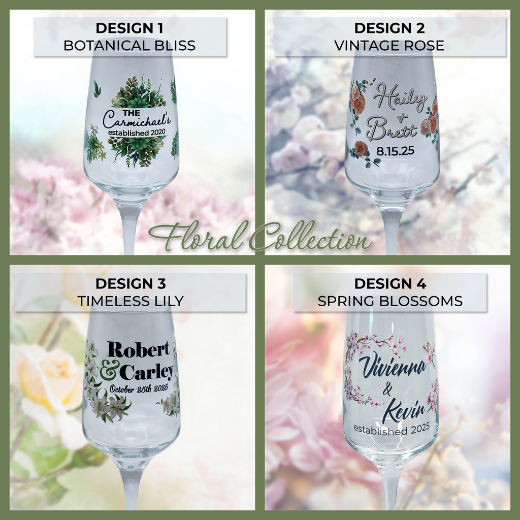 Personalized Wedding Champagne Flutes – Full Color UV Printed | Beautiful Botanical Design | Customized with Names & Date – Set of 2