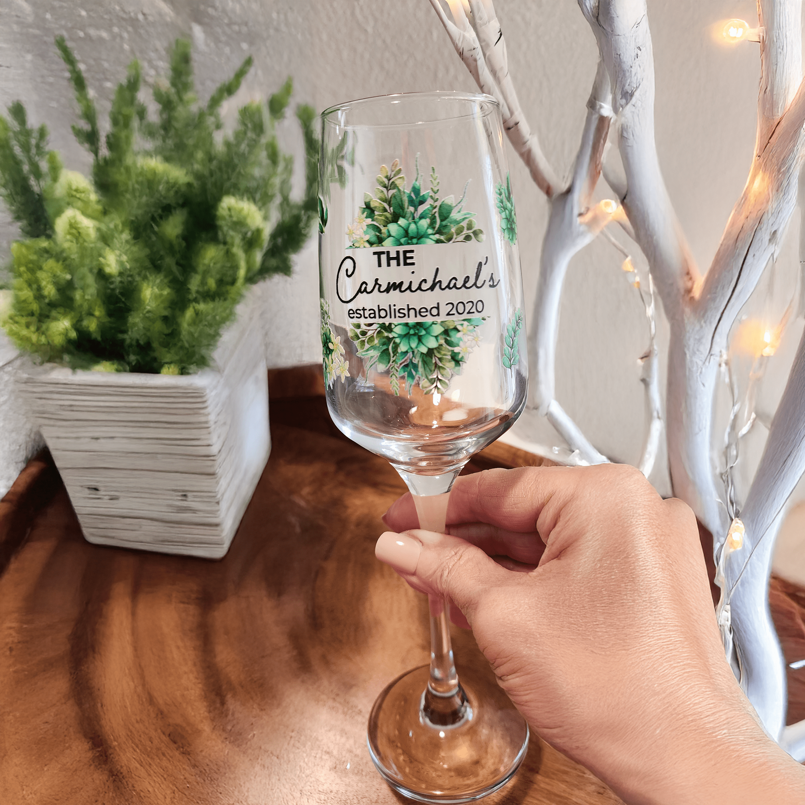 Personalized Wedding Champagne Flutes – Full Color UV Printed | Beautiful Botanical Design | Customized with Names & Date – Set of 2