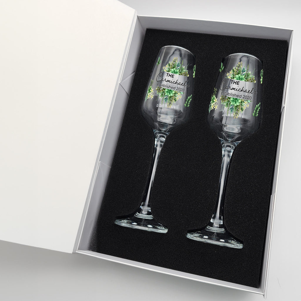 Personalized Wedding Champagne Flutes – Full Color UV Printed | Beautiful Botanical Design | Customized with Names & Date – Set of 2