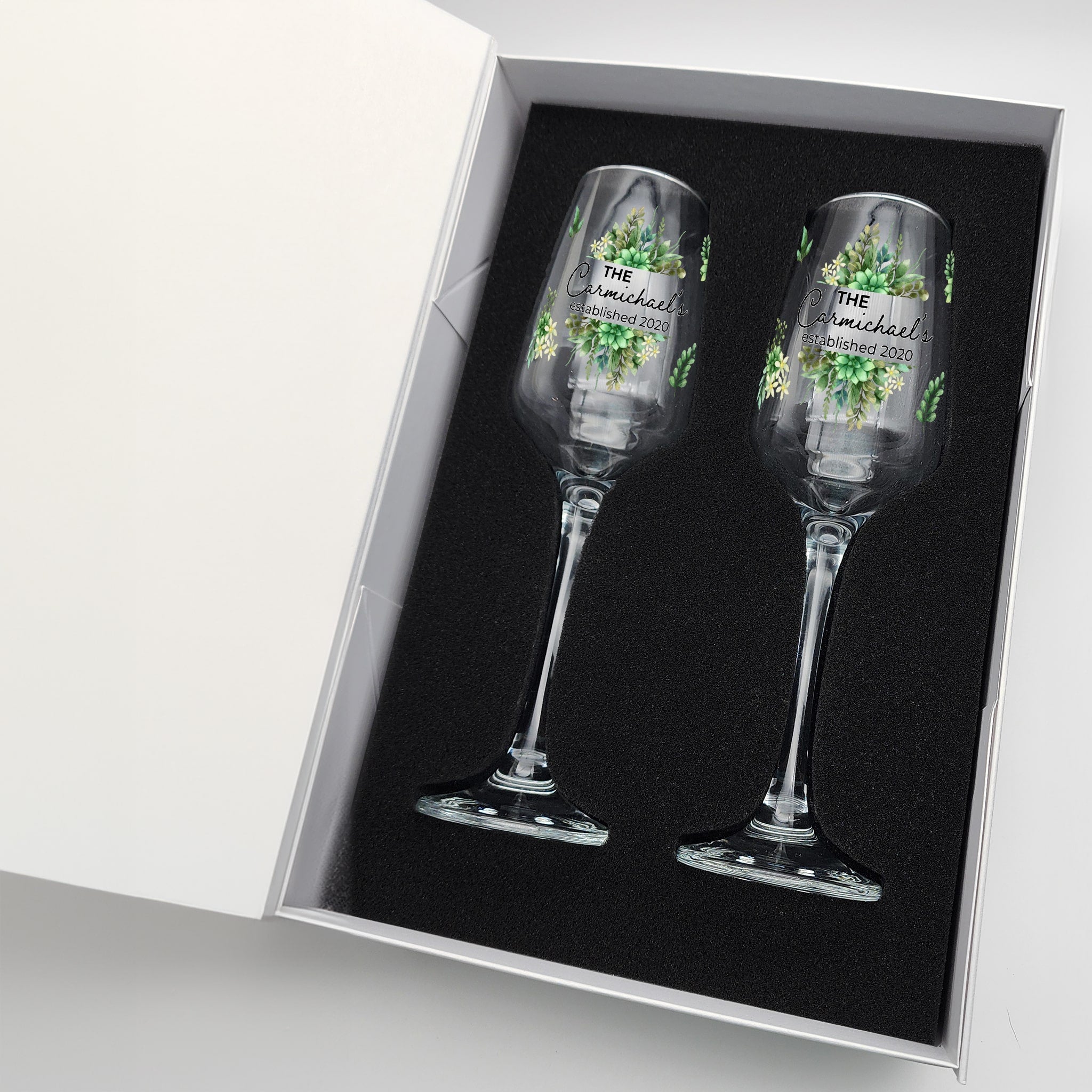 Personalized Wedding Champagne Flutes – Full Color UV Printed | Beautiful Botanical Design | Customized with Names & Date – Set of 2