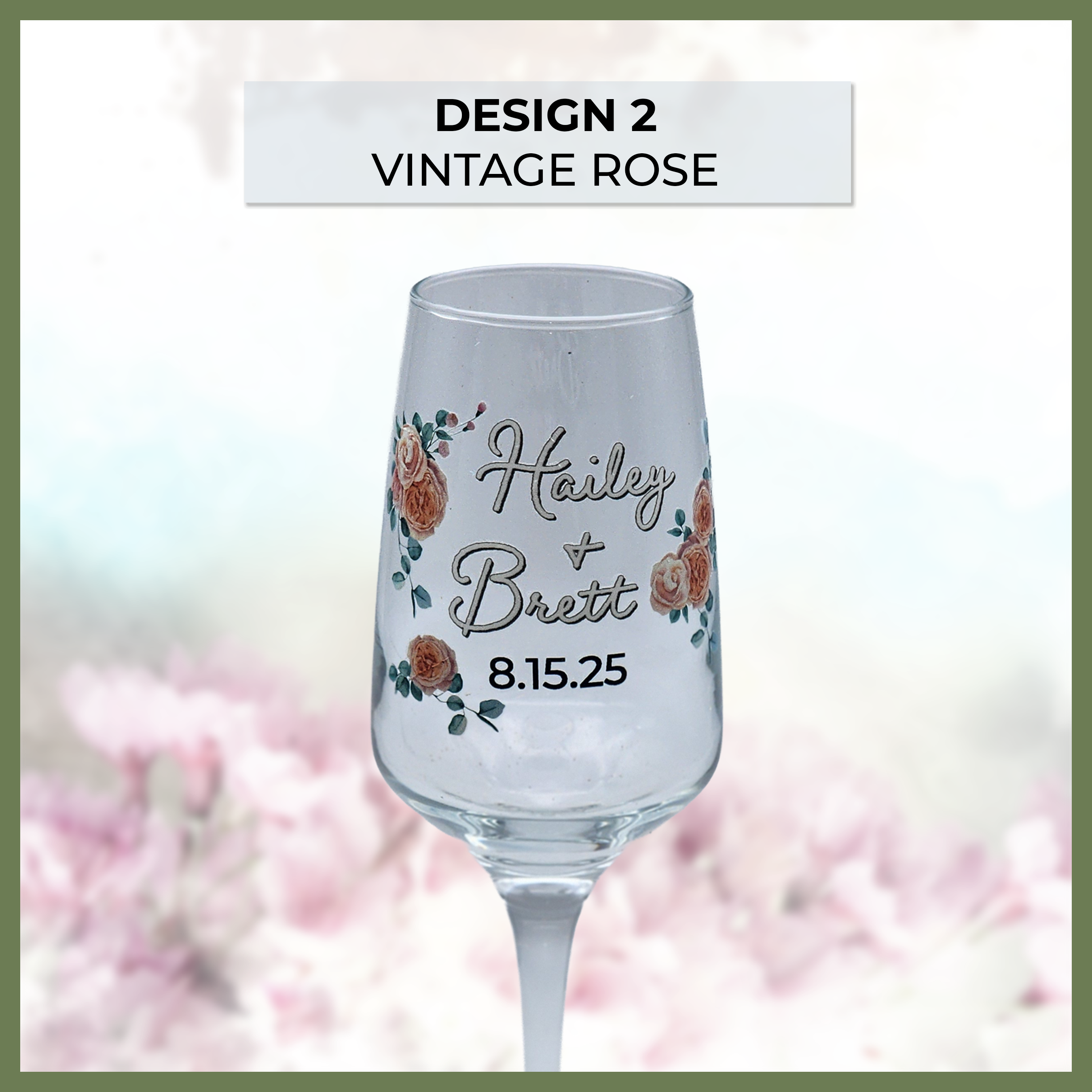 Personalized Wedding Champagne Flutes – Full Color UV Printed Floral Collection | Customized with Names & Date – Set of 2