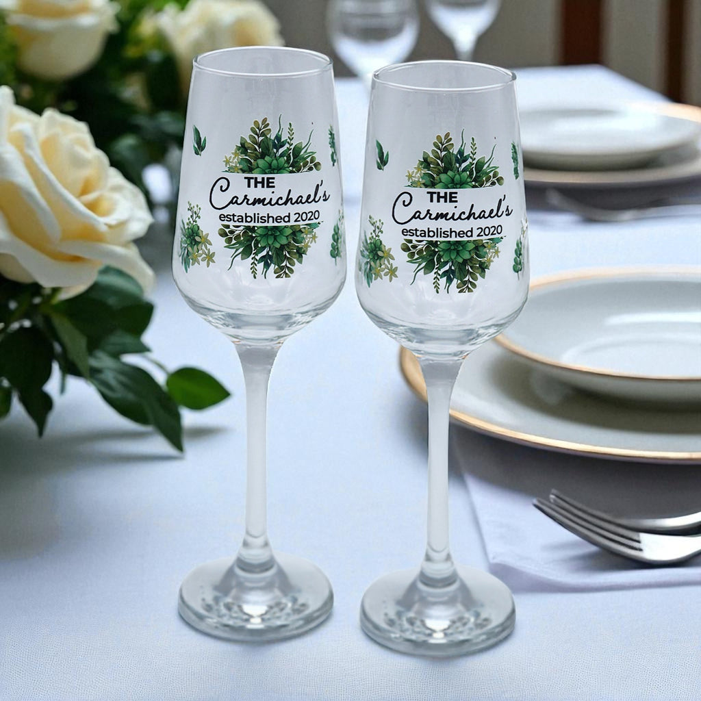 Personalized Wedding Champagne Flutes – Full Color UV Printed | Beautiful Botanical Design | Customized with Names & Date – Set of 2
